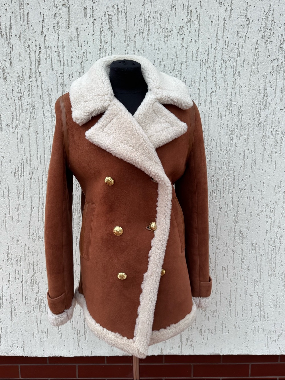 Women’s Brown Shearling Double-Breasted Coat with Cream Trim natural sheepskins